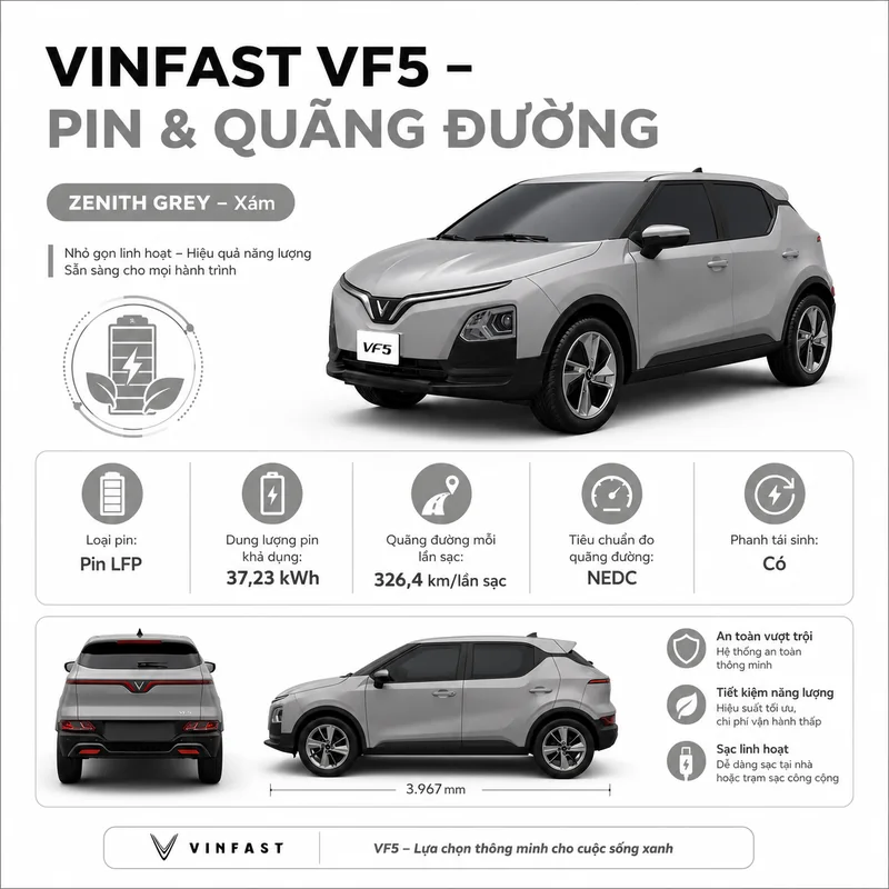 Xe VinFast VF 5 màu xám với pin LFP dung lượng 37,23 kWh, quãng đường di chuyển 326,4 km/lần sạc theo chuẩn NEDC và có phanh tái sinh.