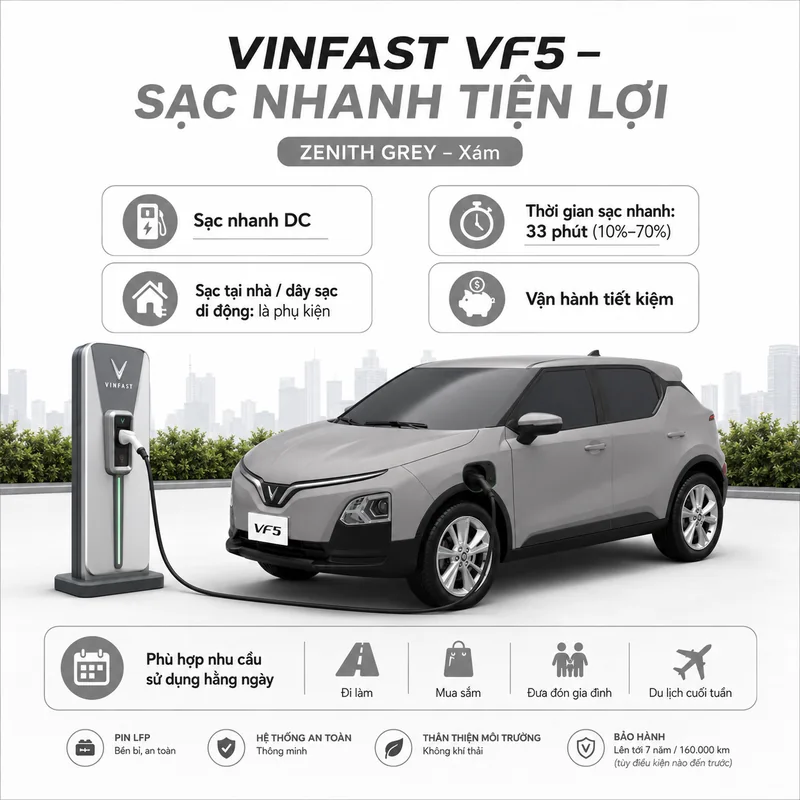 Xe VinFast VF 5 màu xám với trạm sạc nhanh DC, thời gian sạc nhanh 33 phút từ 10% đến 70%, phù hợp sử dụng hàng ngày và các biểu tượng thân thiện môi trường, bảo hành 7 năm.