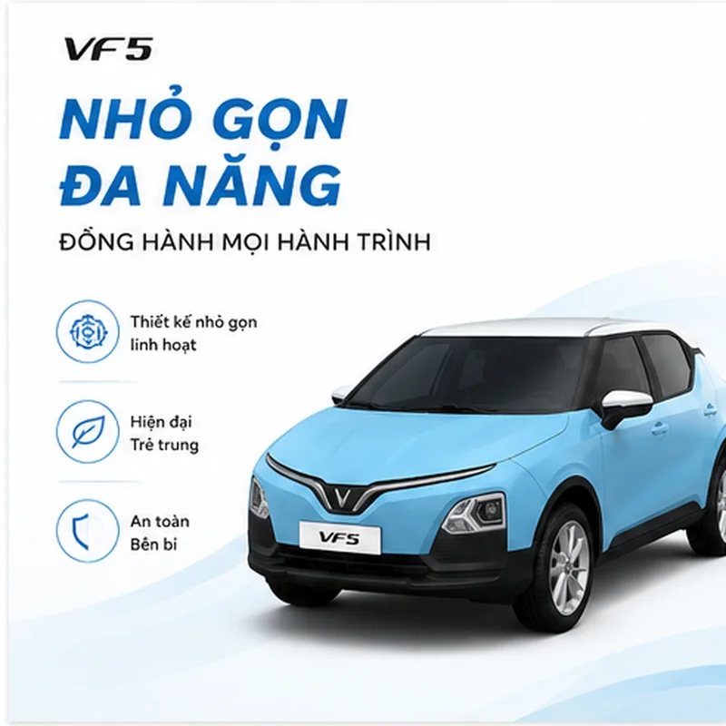 VinFast VF 5 màu xanh dương nhạt với thiết kế nhỏ gọn, linh hoạt, hiện đại và an toàn