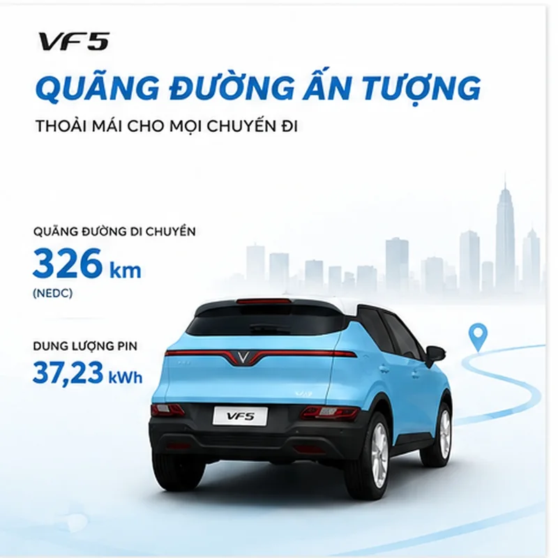 VinFast VF 5 với quãng đường di chuyển 326 km và dung lượng pin 37,23 kWh theo tiêu chuẩn NEDC