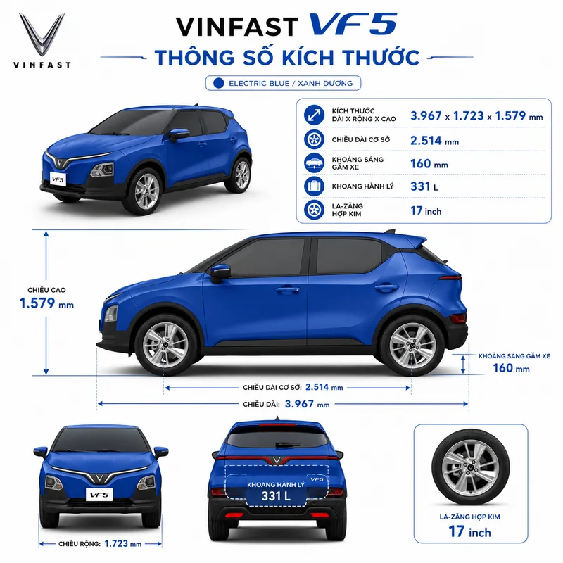 Hình ảnh xe VinFast VF 5 màu xanh dương cùng bảng thông số kích thước dài 3.967 mm, rộng 1.723 mm, cao 1.579 mm, chiều dài cơ sở 2.514 mm, khoảng sáng gầm 160 mm và khoang hành lý…