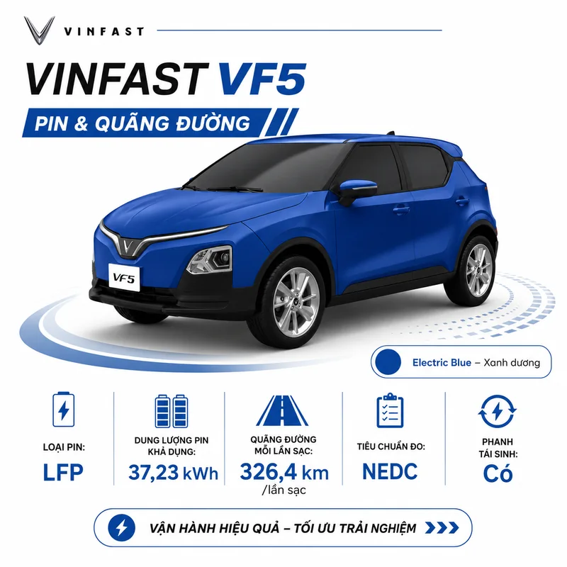 Xe VinFast VF 5 màu xanh dương cùng thông tin pin LFP dung lượng 37,23 kWh, quãng đường 326,4 km mỗi lần sạc, tiêu chuẩn NEDC và phanh tái sinh