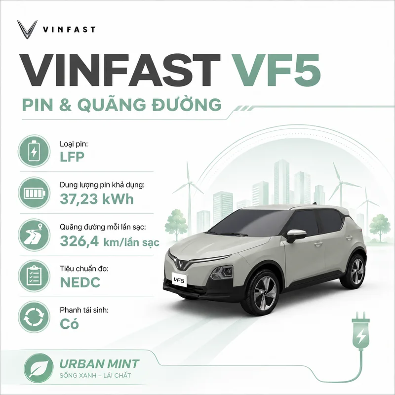 Hình ảnh xe VinFast VF 5 màu xanh rêu cùng thông tin về pin LFP dung lượng 37,23 kWh, quãng đường di chuyển 326,4 km mỗi lần sạc, tiêu chuẩn đo NEDC và phanh tái sinh.