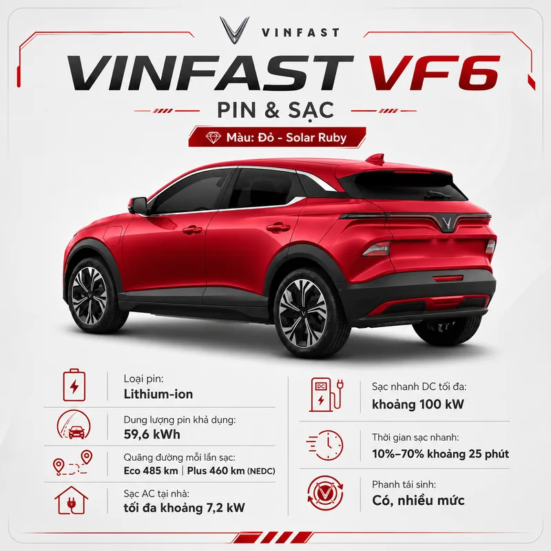 Phía sau xe VinFast VF 6 màu đỏ với thông tin pin lithium-ion 59,6 kWh, sạc nhanh DC khoảng 100 kW, thời gian sạc 10%-70% khoảng 25 phút, phanh tái sinh nhiều mức