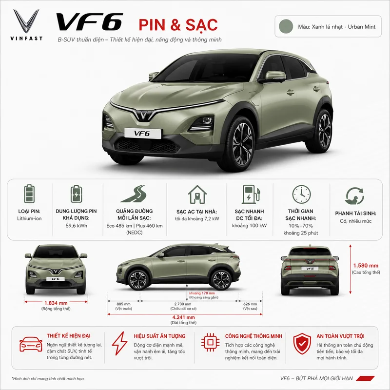 Hình ảnh pin và sạc xe VinFast VF 6 Màu Xanh Rêu với dung lượng pin, quãng đường di chuyển và thời gian sạc nhanh