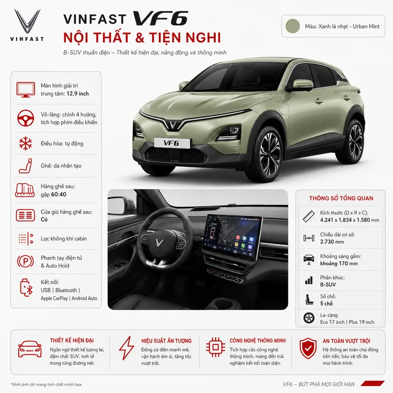 Hình ảnh nội thất xe VinFast VF 6 Màu Xanh Rêu với màn hình giải trí trung tâm 12,9 inch, vô-lăng chỉnh 4 hướng và các tiện nghi hiện đại