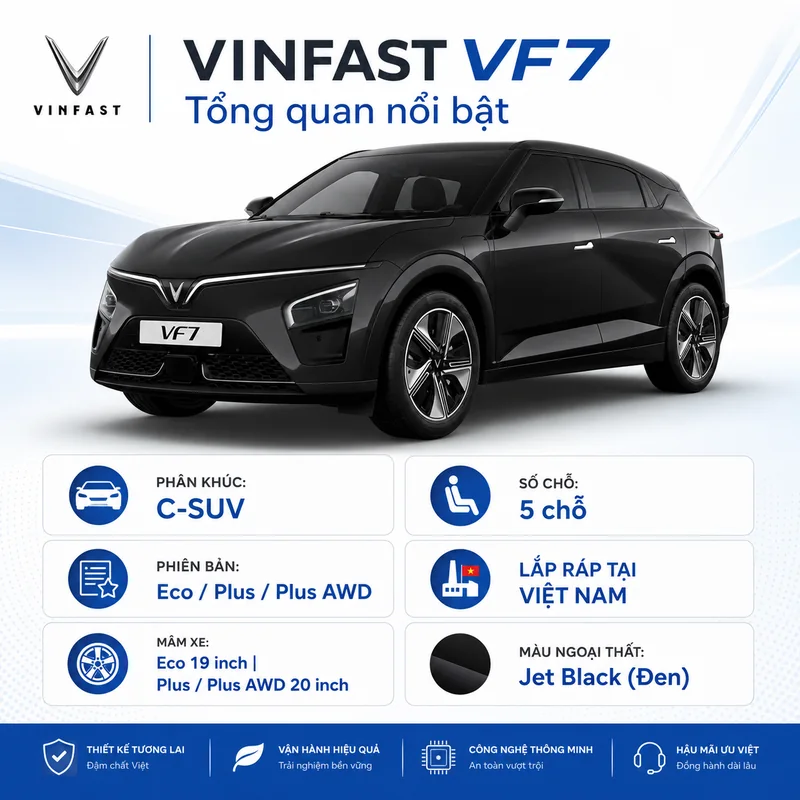 Xe VinFast VF 7 màu đen với tổng quan nổi bật gồm phân khúc C-SUV, 5 chỗ ngồi, các phiên bản Eco, Plus, Plus AWD, mâm xe và màu ngoại thất Jet Black