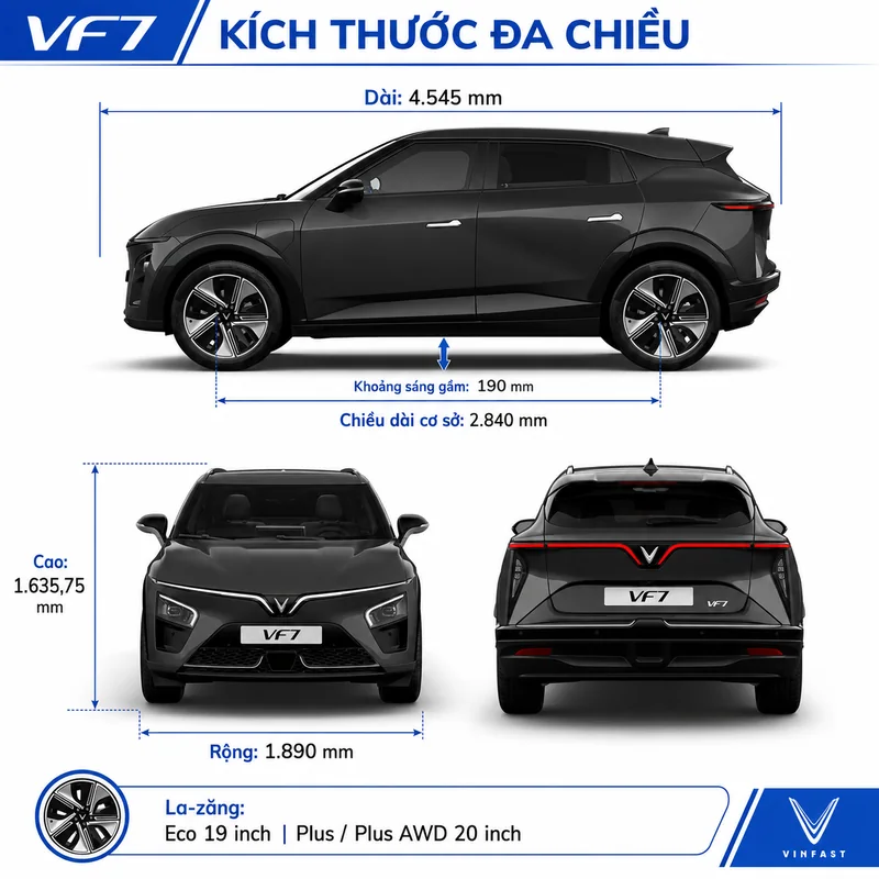Hình ảnh kích thước đa chiều của VinFast VF 7 màu đen với các số đo chiều dài, rộng, cao, chiều dài cơ sở và khoảng sáng gầm xe