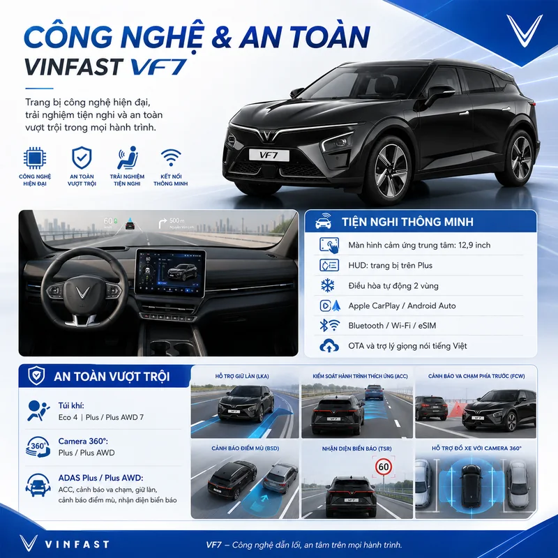 Hình ảnh công nghệ và an toàn của VinFast VF 7 màu đen với các tính năng tiện nghi, an toàn vượt trội và hệ thống hỗ trợ lái ADAS