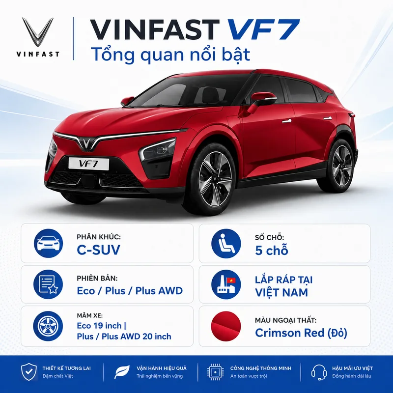 VinFast VF 7 màu đỏ với tổng quan nổi bật gồm phân khúc C-SUV, 5 chỗ ngồi, các phiên bản Eco, Plus, Plus AWD, mâm xe 19-20 inch và màu ngoại thất Crimson Red