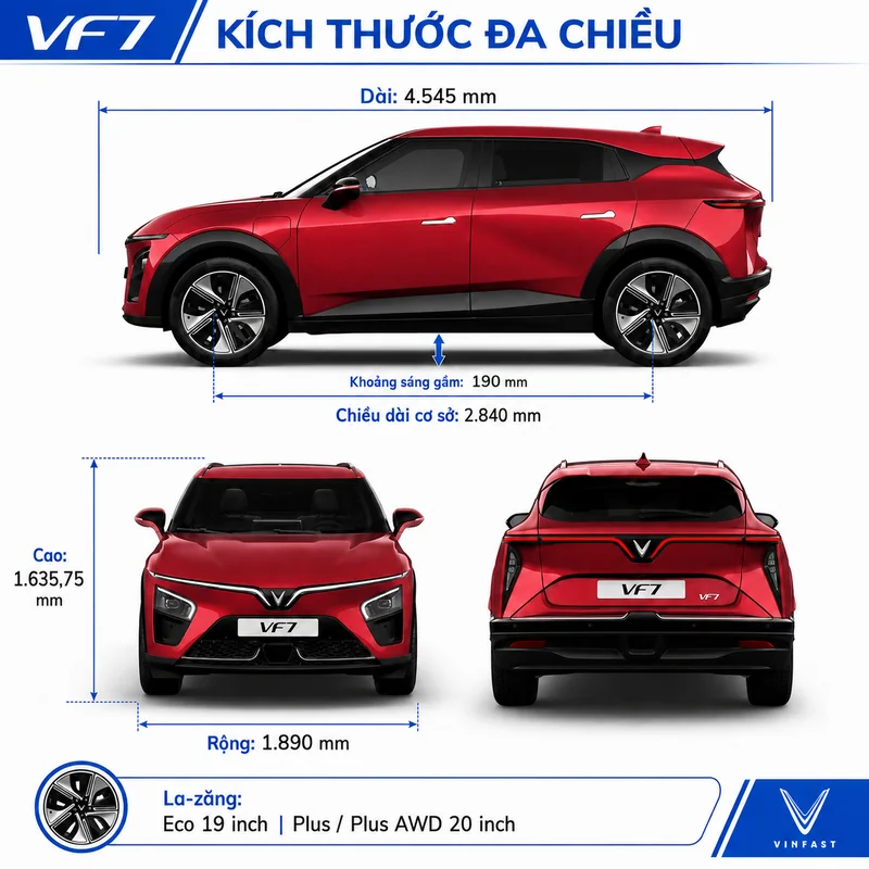Kích thước đa chiều của VinFast VF 7 màu đỏ với chiều dài 4545 mm, rộng 1890 mm, cao 1635,75 mm, chiều dài cơ sở 2840 mm và khoảng sáng gầm 190 mm