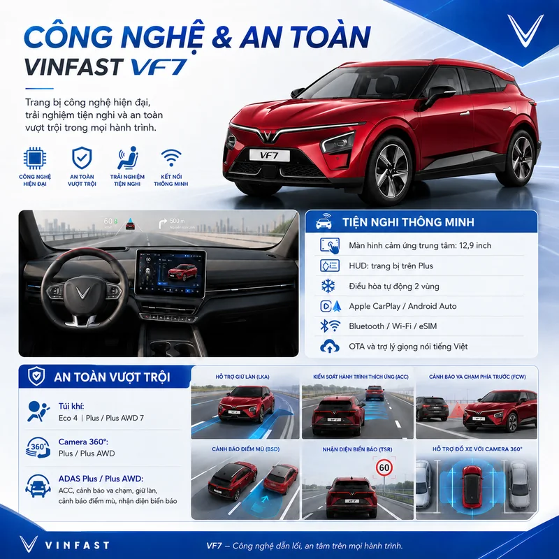 Công nghệ và an toàn trên VinFast VF 7 gồm màn hình cảm ứng 12,9 inch, HUD trên bản Plus, điều hòa 2 vùng, Apple CarPlay, Bluetooth, camera 360 độ, túi khí và các hệ thống hỗ trợ…