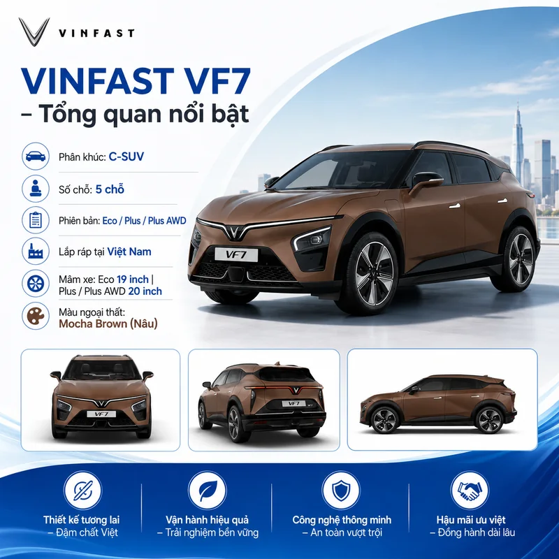 VinFast VF7 màu nâu tổng quan với các tính năng nổi bật, công nghệ và phong cách thiết kế hiện đại
