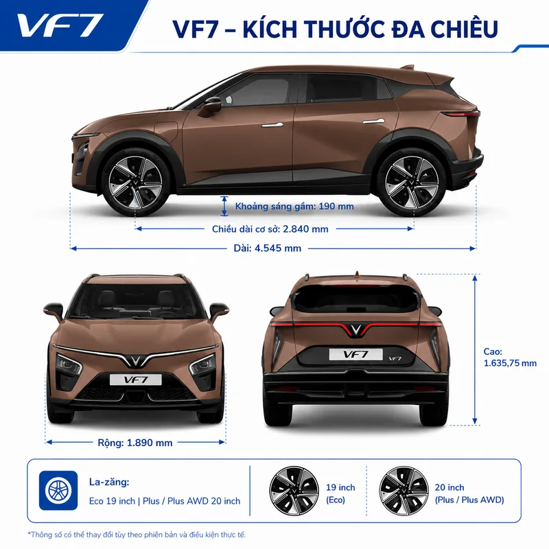 Kích thước đa chiều của VinFast VF7 màu nâu với chiều dài, rộng, cao và khoảng sáng gầm xe