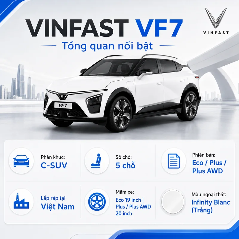 Xe VinFast VF7 màu trắng tổng quan nổi bật với các thông số như phân khúc C-SUV, 5 chỗ ngồi, phiên bản Eco, Plus, Plus AWD, mâm xe 19-20 inch và màu ngoại thất trắng.