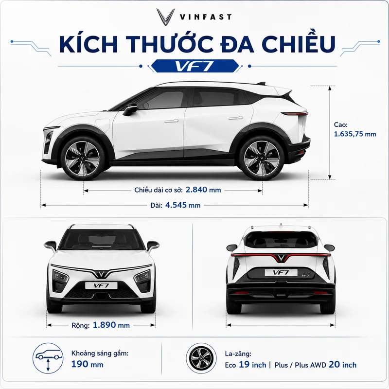 Kích thước đa chiều của VinFast VF7 với chiều dài 4545 mm, rộng 1890 mm, cao 1635,75 mm, chiều dài cơ sở 2840 mm, khoảng sáng gầm 190 mm và la-zăng 19 inch hoặc 20 inch.