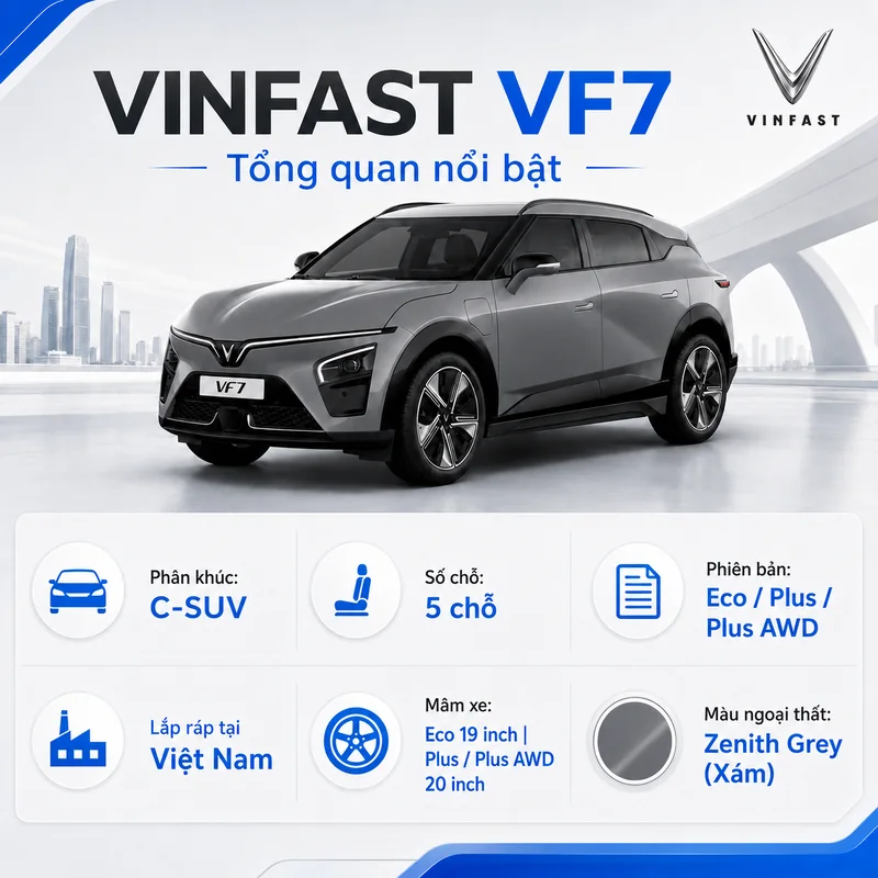 VinFast VF7 màu xám tổng quan nổi bật với phân khúc C-SUV, số chỗ 5, phiên bản Eco, Plus, Plus AWD, lắp ráp tại Việt Nam, mâm xe 19-20 inch, màu ngoại thất Zenith Grey