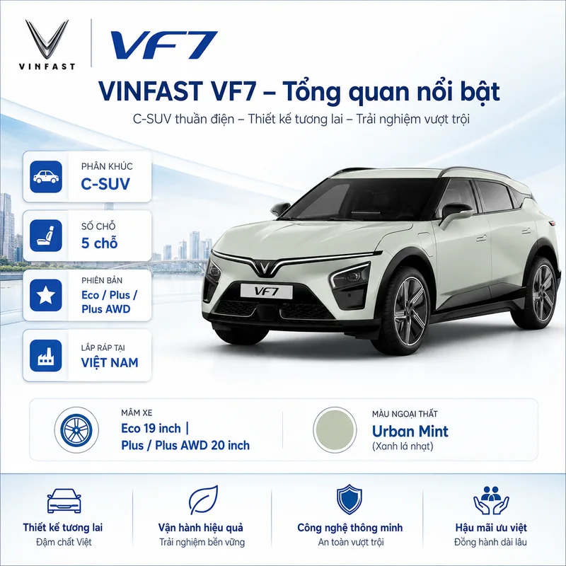 VinFast VF7 tổng quan nổi bật với hình ảnh xe màu xanh rêu và các biểu tượng thể hiện phân khúc C-SUV, số chỗ, phiên bản, nơi lắp ráp, mâm xe và màu ngoại thất