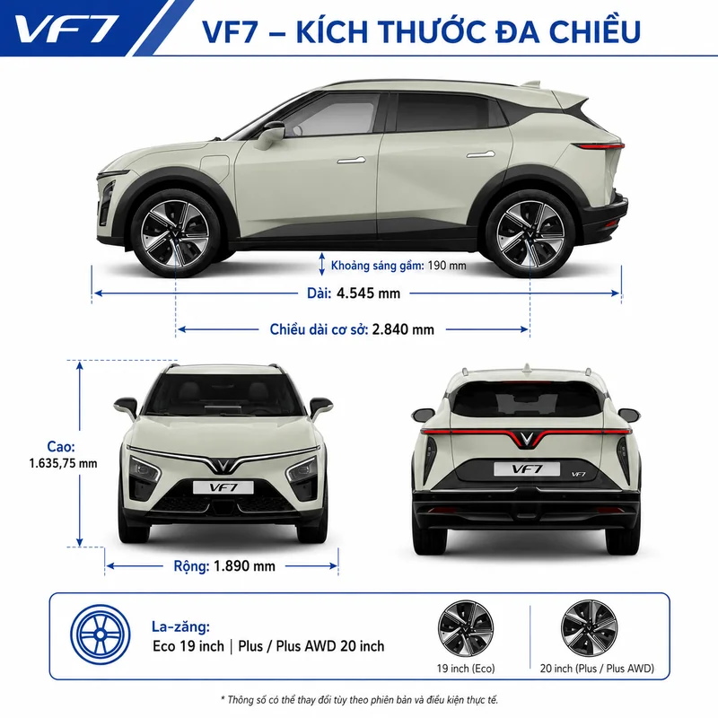 Hình ảnh xe VinFast VF7 màu xanh rêu với các kích thước đa chiều: dài 4545 mm, rộng 1890 mm, cao 1635,75 mm, chiều dài cơ sở 2840 mm, khoảng sáng gầm 190 mm và mâm xe 19 inch hoặc…
