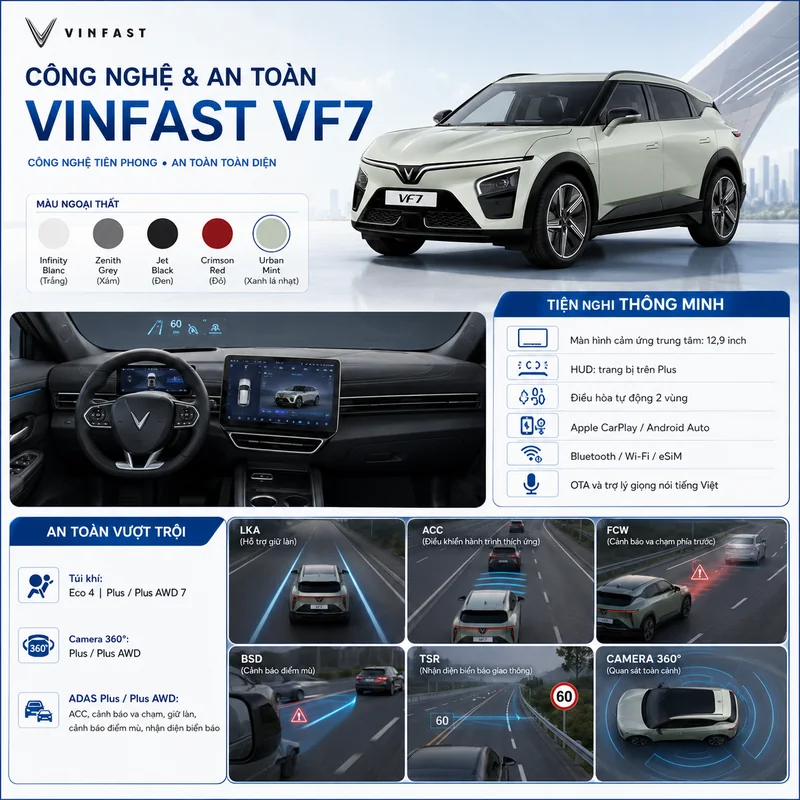 Xe VinFast VF7 màu xanh rêu cùng bảng thông tin công nghệ, tiện nghi và an toàn với các tính năng như màn hình cảm ứng, HUD, điều hòa, Apple CarPlay, Bluetooth, túi khí, camera 36…