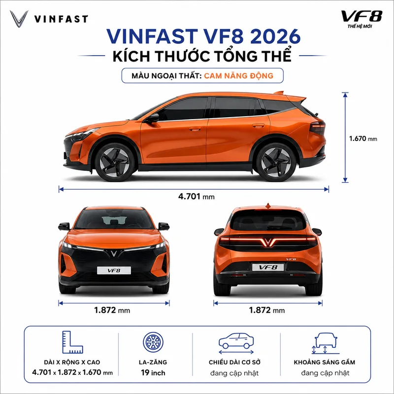 Hình ảnh xe VinFast VF 8 màu cam cùng kích thước tổng thể dài, rộng, cao và la-zăng 19 inch