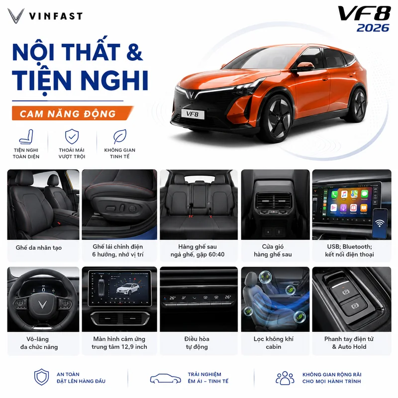 Nội thất xe VinFast VF 8 màu cam với ghế da nhân tạo, ghế lái chỉnh điện, màn hình cảm ứng và các tiện nghi khác