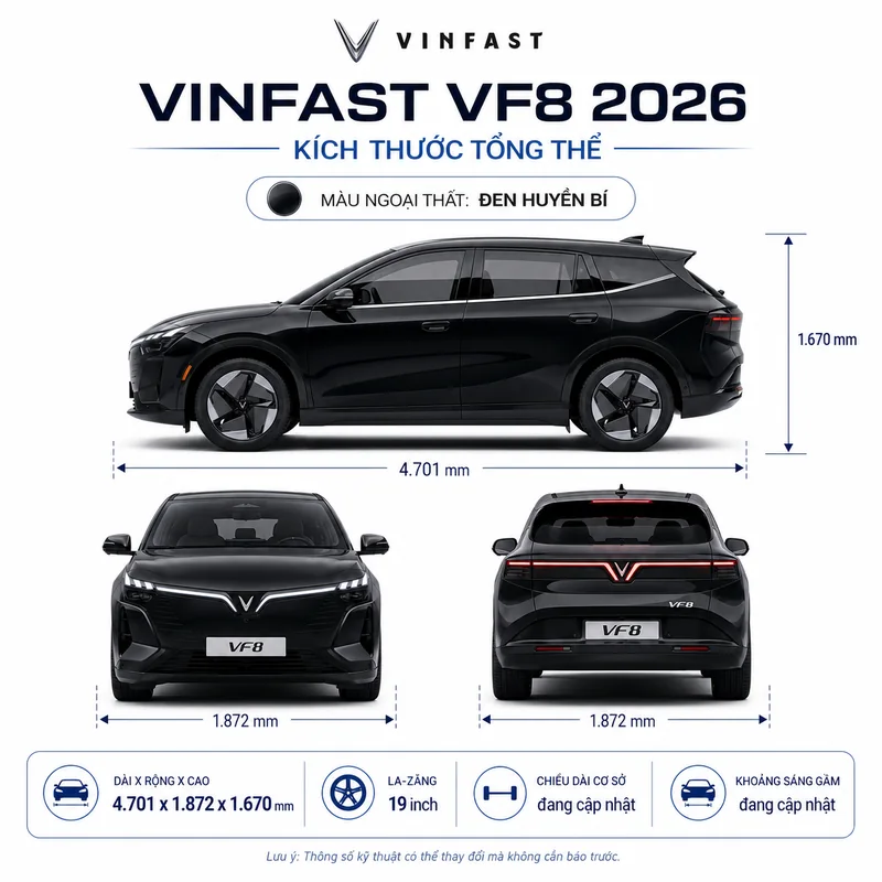 Hình ảnh xe VinFast VF 8 All New 2026 màu đen với kích thước tổng thể dài 4701 mm, rộng 1872 mm, cao 1670 mm, la-zăng 19 inch, thông số chiều dài cơ sở và khoảng sáng gầm đang cập…