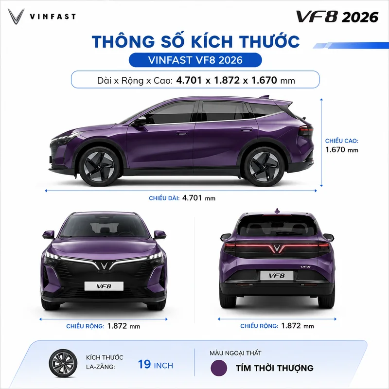 Thông số kích thước xe VinFast VF 8 2026 gồm chiều dài 4701 mm, rộng 1872 mm, cao 1670 mm, la-zăng 19 inch và màu ngoại thất tím thời thượng