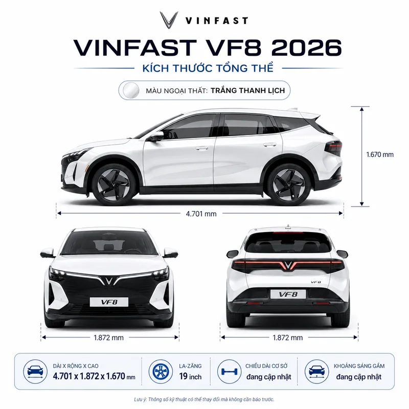 Hình ảnh tổng quan kích thước và thiết kế ngoại thất xe VinFast VF 8 All New 2026 màu trắng với các thông số kích thước dài, rộng, cao và la-zăng 19 inch