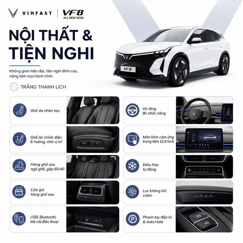 Hình ảnh nội thất xe VinFast VF 8 với các tiện nghi như ghế da nhân tạo, ghế lái chỉnh điện 6 hướng, màn hình cảm ứng 12,9 inch, điều hòa tự động và kết nối USB Bluetooth