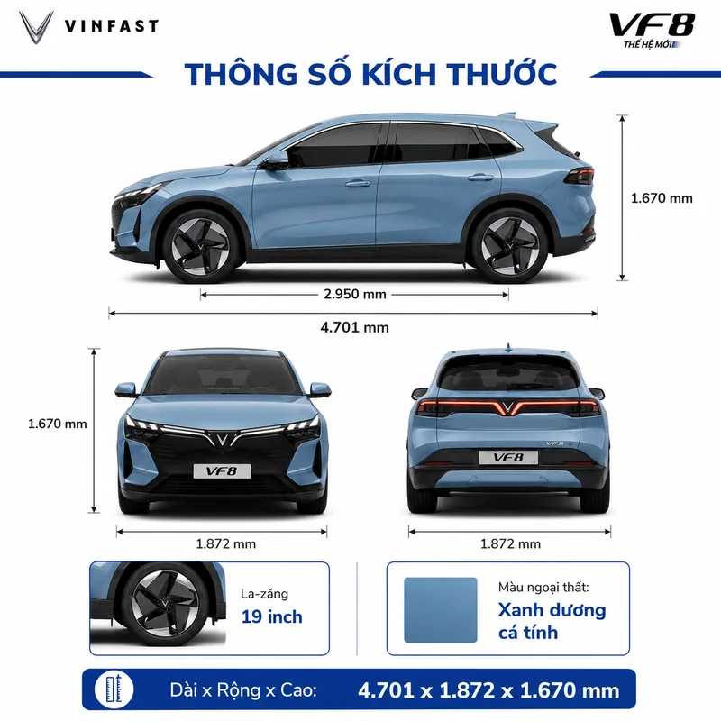 VinFast VF 8 All New 2026 màu xanh dương nhạt với kích thước tổng thể và la-zăng 19 inch