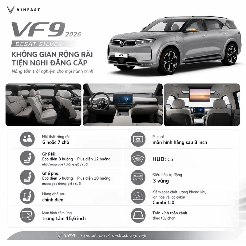 Không gian nội thất rộng rãi của VinFast VF 9 với cấu hình 6 hoặc 7 chỗ, ghế chỉnh điện, màn hình cảm ứng 15,6 inch và trần kính toàn cảnh tùy chọn