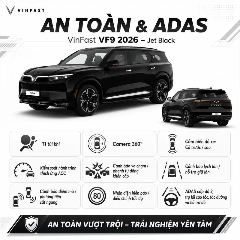 Hình ảnh xe VinFast VF 9 màu đen với các tính năng an toàn và hỗ trợ lái gồm 11 túi khí, camera 360 độ, cảm biến đỗ xe, ADAS cấp độ 2 với các cảnh báo va chạm, giữ làn, điểm mù, n…