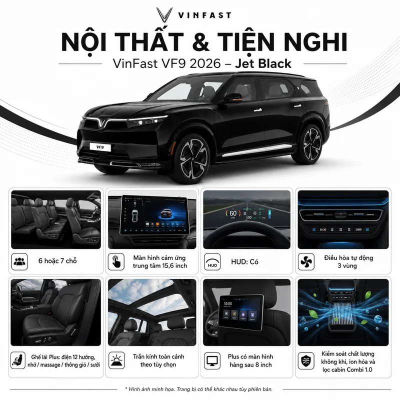 Hình ảnh nội thất xe VinFast VF 9 màu đen với các tính năng như ghế 6 hoặc 7 chỗ, màn hình cảm ứng trung tâm 15,6 inch, HUD, điều hòa tự động 3 vùng, ghế lái chỉnh điện đa chức nă…