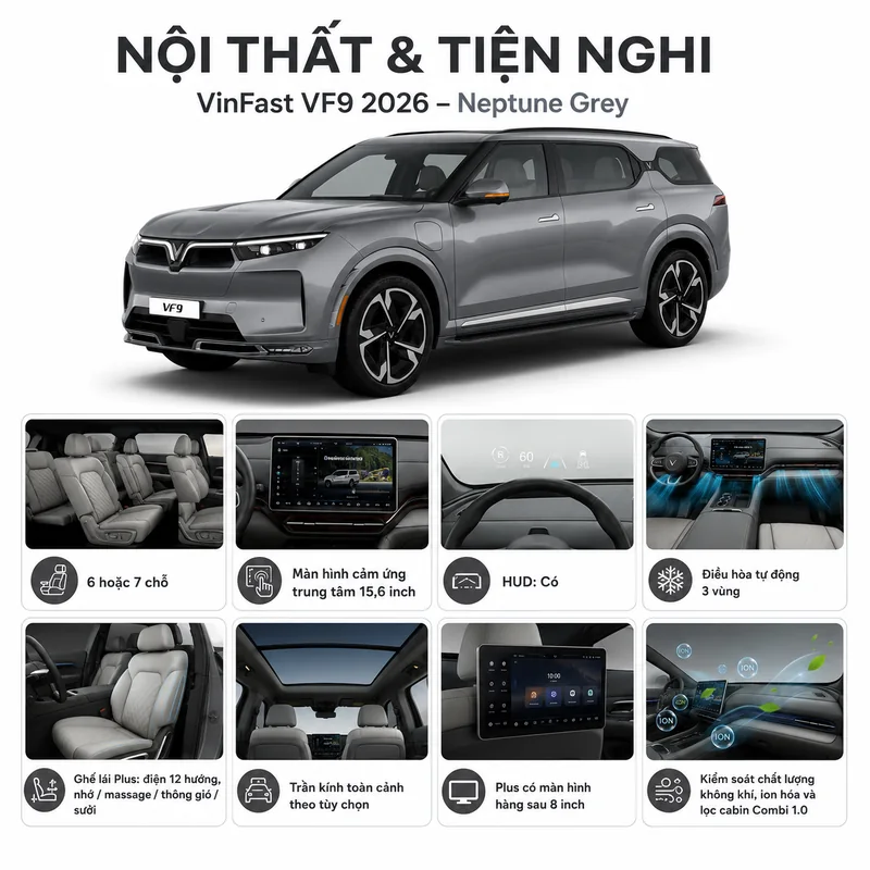 Nội thất xe VinFast VF 9 màu xám với các tiện nghi như ghế chỉnh điện, màn hình cảm ứng, HUD, điều hòa tự động và hệ thống lọc không khí