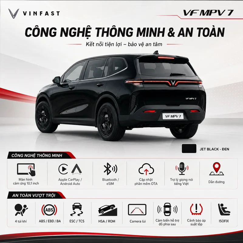 Hình ảnh xe VinFast VF MPV 7 màu đen với các biểu tượng công nghệ thông minh và an toàn như màn hình cảm ứng 10,1 inch, Apple CarPlay, Bluetooth, trợ lý giọng nói tiếng Việt, 4 tú…