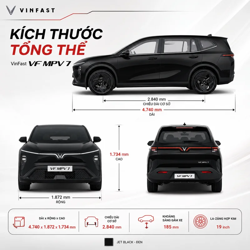 Hình ảnh xe VinFast VF MPV 7 màu đen với kích thước tổng thể dài 4740 mm, rộng 1872 mm, cao 1734 mm, chiều dài cơ sở 2840 mm, khoảng sáng gầm xe 185 mm và la-zăng hợp kim 19 inch