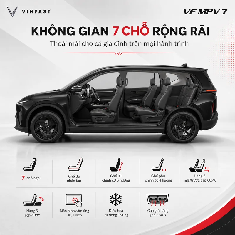 Hình ảnh không gian nội thất xe VinFast VF MPV 7 màu đen với 7 chỗ ngồi, ghế da nhân tạo, ghế lái chỉnh cơ 6 hướng, ghế phụ chỉnh cơ 4 hướng, hàng ghế 2 ngả/trượt/gập 60:40, hàng…
