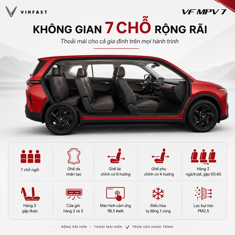 Không gian nội thất xe VinFast VF MPV 7 màu đỏ với 7 chỗ ngồi, ghế da nhân tạo, ghế lái chỉnh cơ 6 hướng, ghế phụ chỉnh cơ 4 hướng, hàng ghế 2 ngả trượt gập 60:40, màn hình cảm ứn…