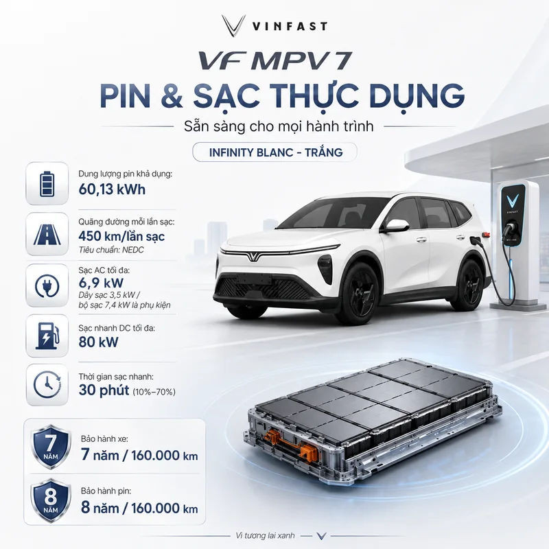 Pin lithium-ion dung lượng 60,13 kWh của VinFast VF MPV 7 m&agrave;u trắng, qu&atilde;ng đường 450 km mỗi lần sạc, sạc nhanh 30 ph&uacute;t từ 10% đến 70%, bảo h&agrave;nh pin 8 năm hoặc 160.000 km.