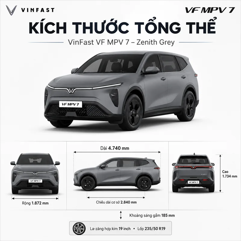 Hình ảnh xe VinFast VF MPV 7 Màu Xám với kích thước tổng thể dài 4740 mm, rộng 1872 mm, cao 1734 mm, chiều dài cơ sở 2840 mm và khoảng sáng gầm 185 mm, la-zăng hợp kim 19 inch cùn…