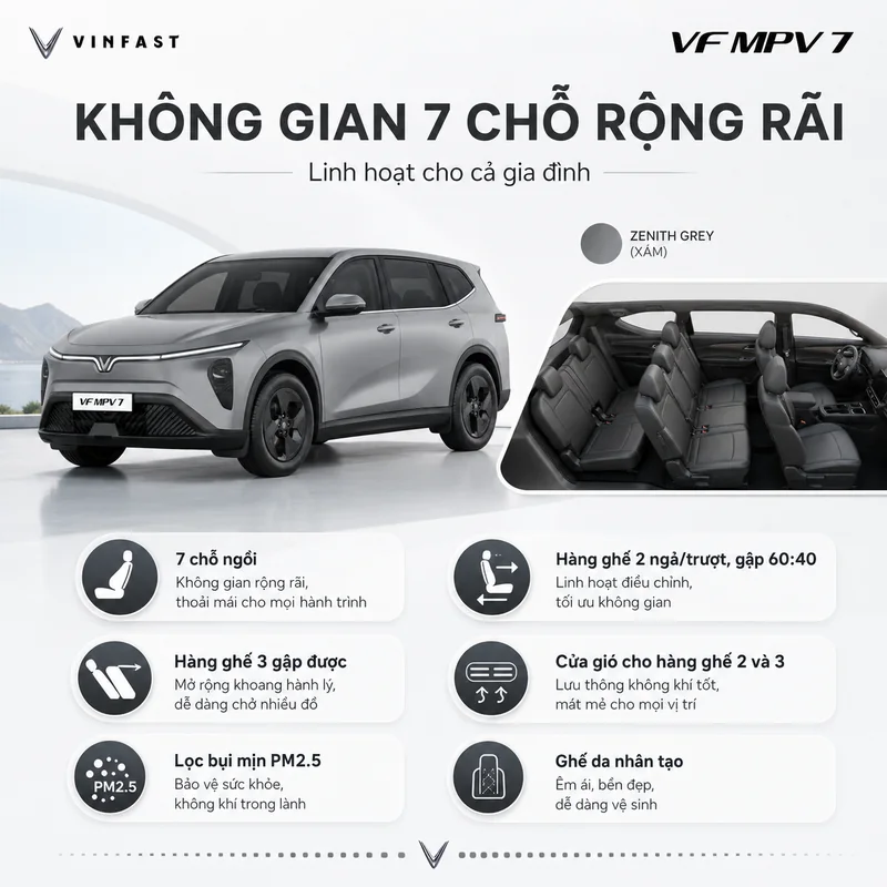 Không gian nội thất rộng rãi 7 chỗ với ghế da nhân tạo, hàng ghế thứ hai gập 60:40, cửa gió cho hàng ghế 2 và 3, lọc bụi mịn PM2.5, thể hiện sự tiện nghi và linh hoạt cho gia đình.