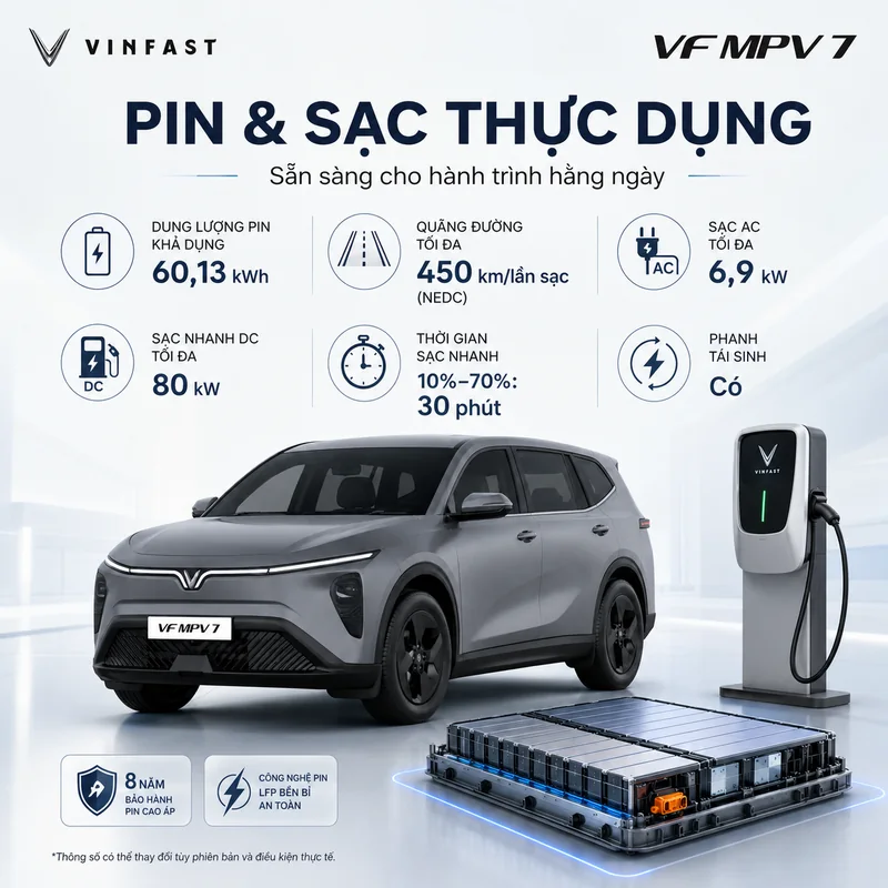 Pin và sạc của VinFast VF MPV 7 Màu Xám với dung lượng 60,13 kWh, quãng đường tối đa 450 km, sạc nhanh DC 80 kW, sạc AC 6,9 kW, thời gian sạc nhanh 10%-70% trong 30 phút, phanh tá…