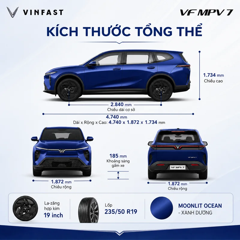 H&igrave;nh ảnh k&iacute;ch thước tổng thể xe VinFast VF MPV 7 v&agrave; c&aacute;c th&ocirc;ng số kỹ thuật chi tiết