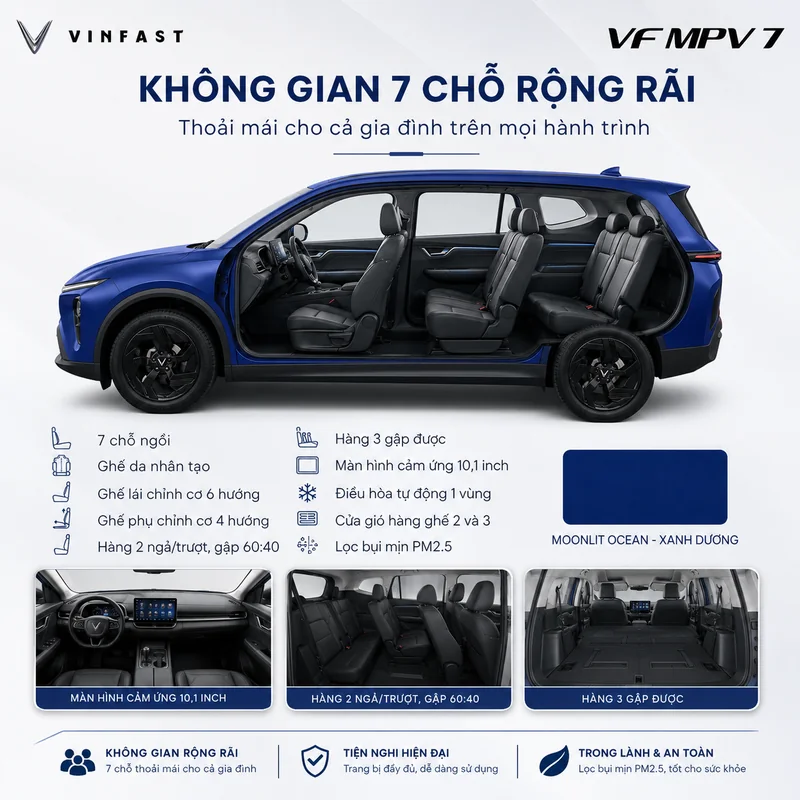 Kh&ocirc;ng gian nội thất rộng r&atilde;i 7 chỗ với ghế da nh&acirc;n tạo v&agrave; m&agrave;n h&igrave;nh cảm ứng 10,1 inch