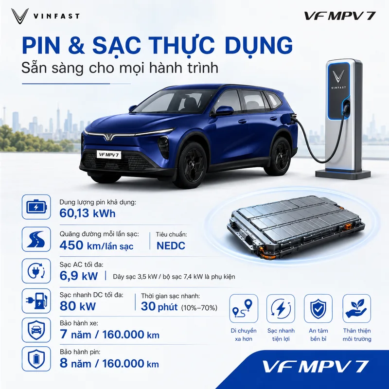 Xe VinFast VF MPV 7 đang sạc pin với th&ocirc;ng số dung lượng pin v&agrave; thời gian sạc nhanh